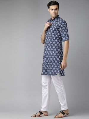 Buy Men's Indigo Pure Cotton Printed Pathani Set Online - Front