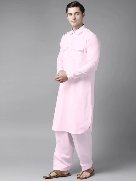 Buy Men's Pink Cotton Solid Pathani Set Online - Side