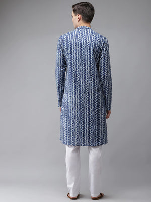 Buy Men's Blue Cotton Printed Kurta Pajama Set Online - Back