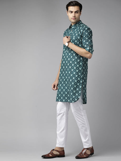 Buy Men's Teal Blue Pure Cotton Printed Pathani Set Online - Front