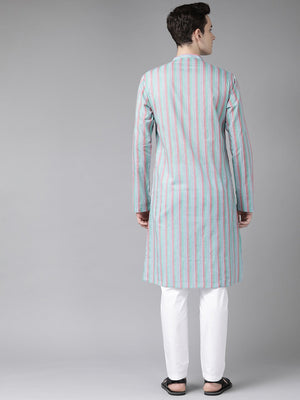 Buy Men's Multi Cotton Stripe Printed Kurta Pajama Set Online - Back