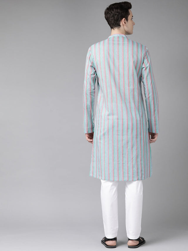 Buy Men's Multi Cotton Stripe Printed Kurta Pajama Set Online - Back