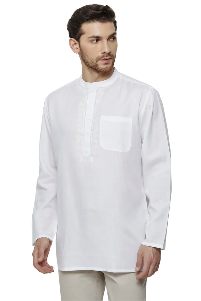 Men's Blended Cotton Short Kurta Top In White