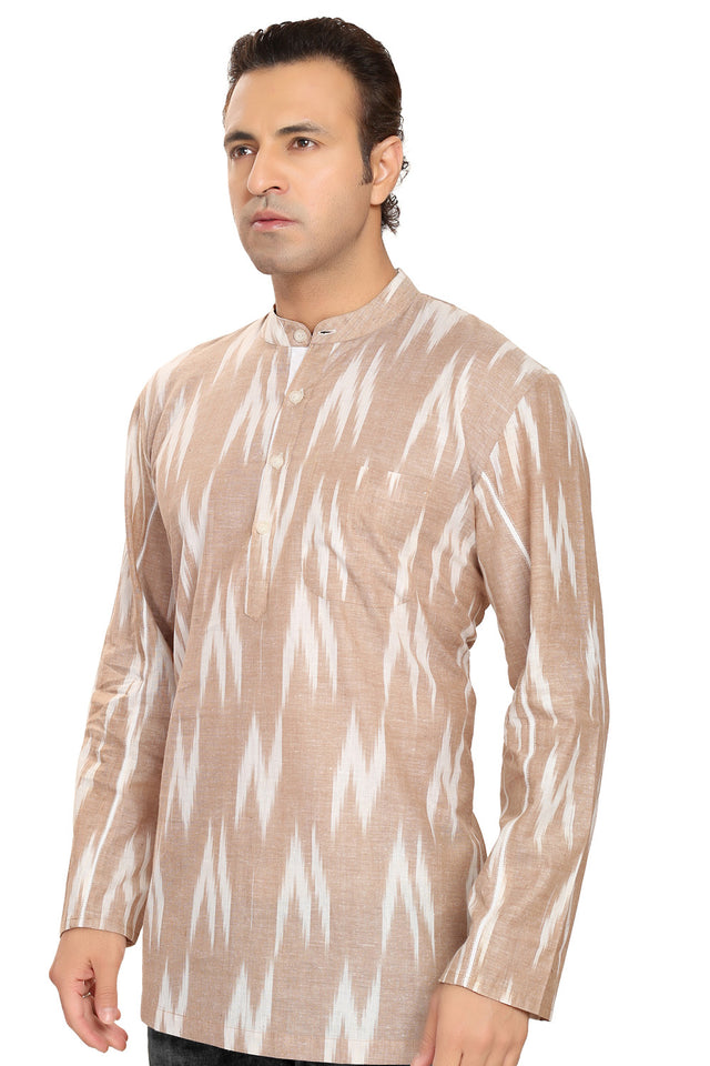 Men's Blended Cotton Short Kurta Top In Beige