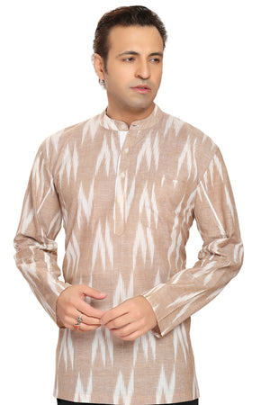 Men's Blended Cotton Short Kurta Top In Beige