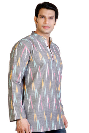 Men's Blended Cotton Short Kurta Top In Grey