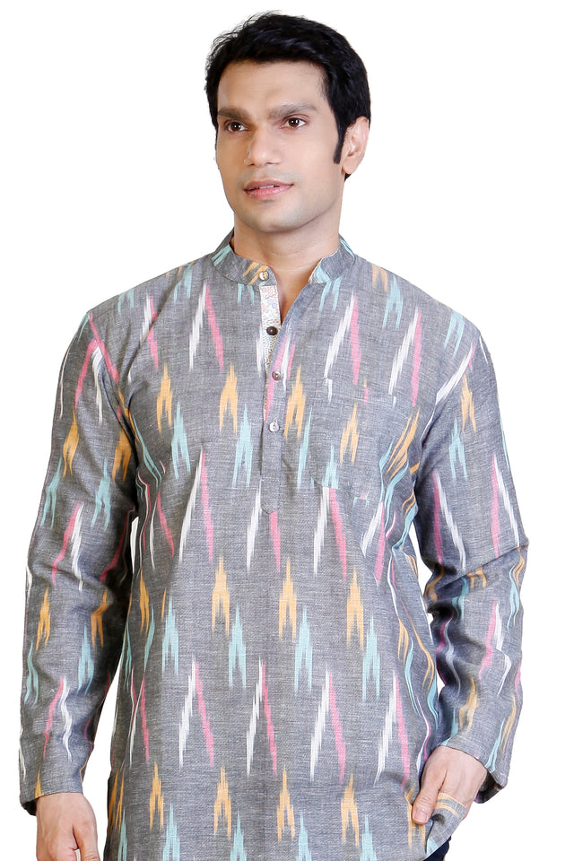 Men's Blended Cotton Short Kurta Top In Grey