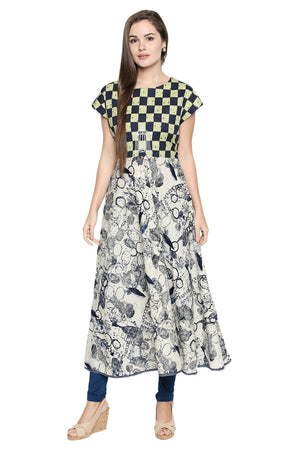 Blended Cotton Kurti Top In White And Blue (540248)