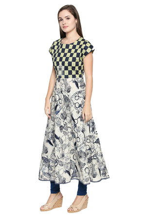 Blended Cotton Kurti Top In White And Blue (540248)