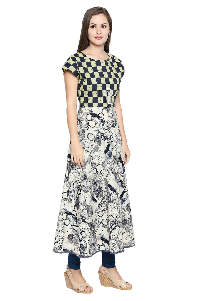 Blended Cotton Kurti Top In White And Blue (540248)