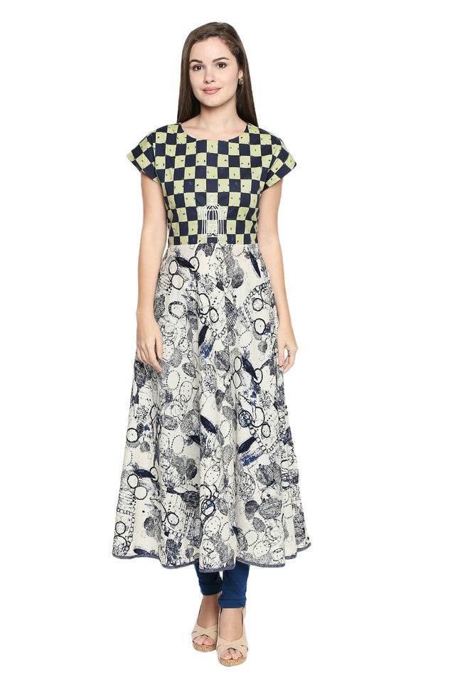 Blended Cotton Kurti Top In White And Blue (540248)