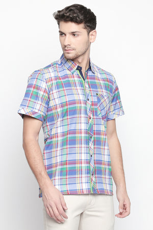 Men's Blended Cotton Shirt In Blue And White And Red