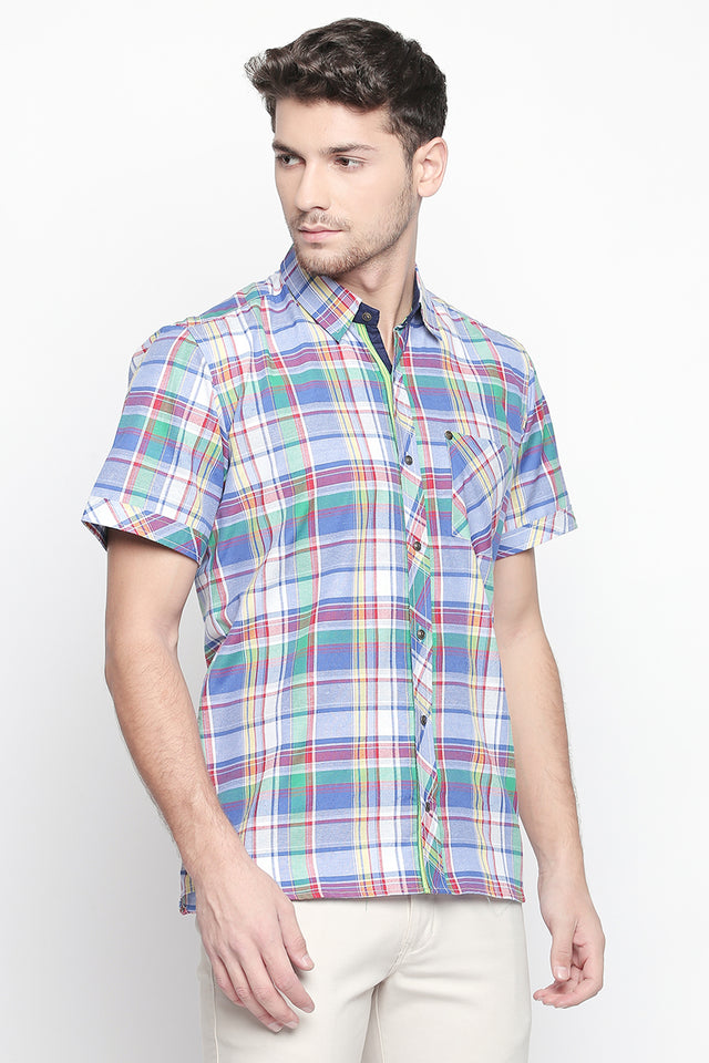 Men's Blended Cotton Shirt In Blue And White And Red