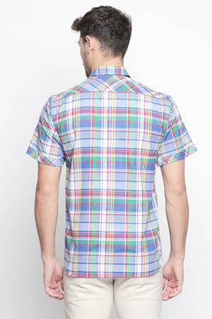 Men's Blended Cotton Shirt In Blue And White And Red