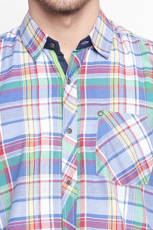 Men's Blended Cotton Shirt In Blue And White And Red