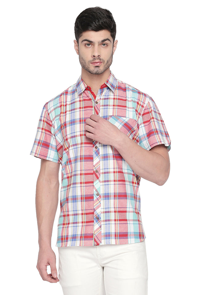 Men's Blended Cotton Shirt In Red And Green (540356)