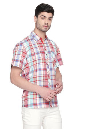 Men's Blended Cotton Shirt In Red And Green (540356)