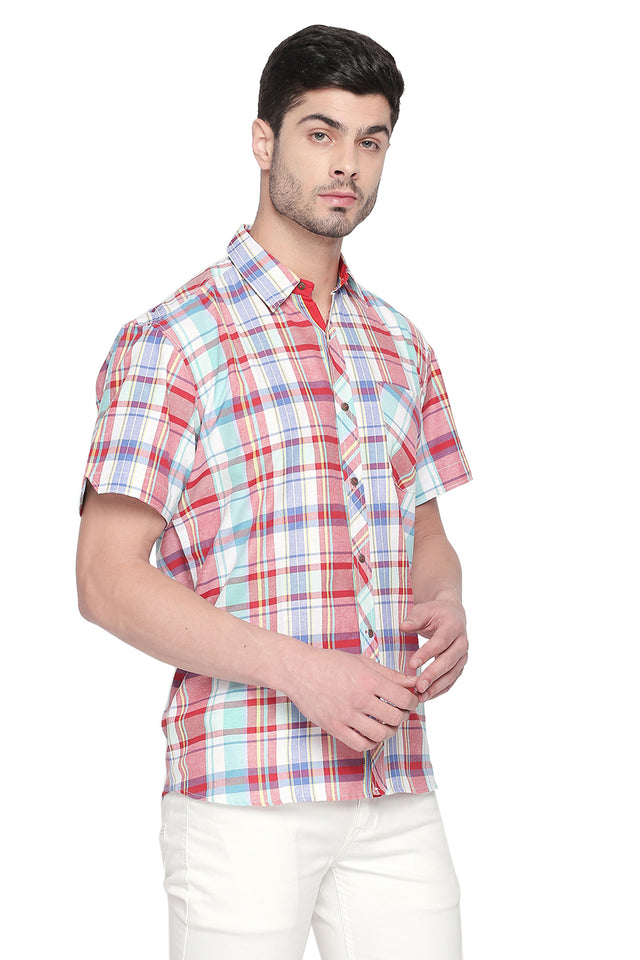 Men's Blended Cotton Shirt In Red And Green (540356)