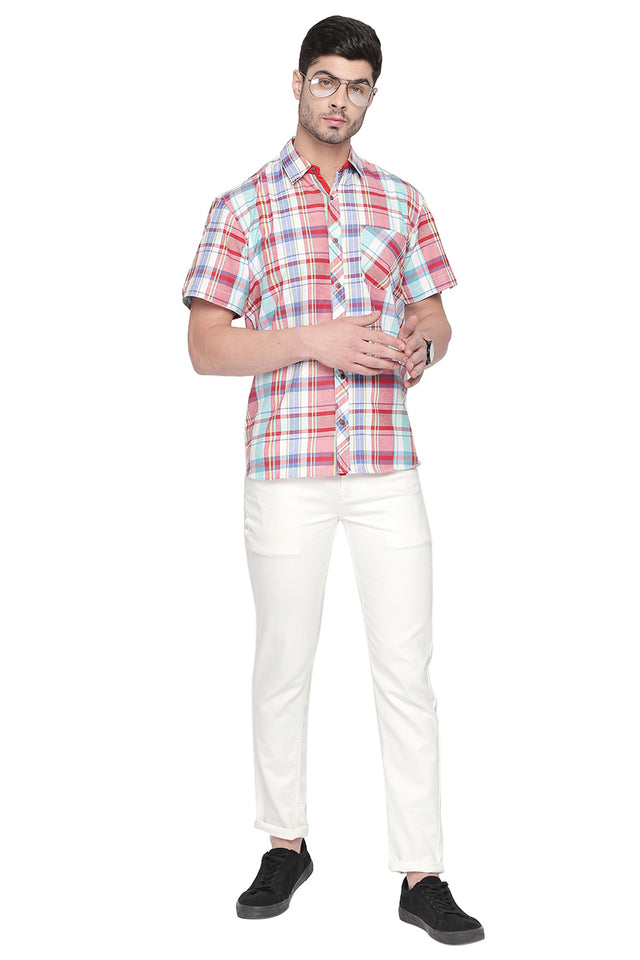 Men's Blended Cotton Shirt In Red And Green (540356)