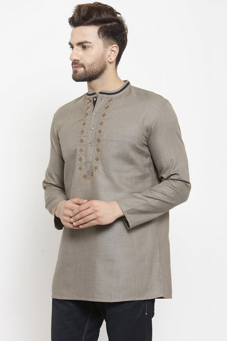Buy Men's Embroidery Short Kurta in Grey