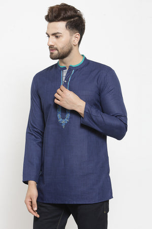 Men's Blended Cotton Short Kurta Top In Blue