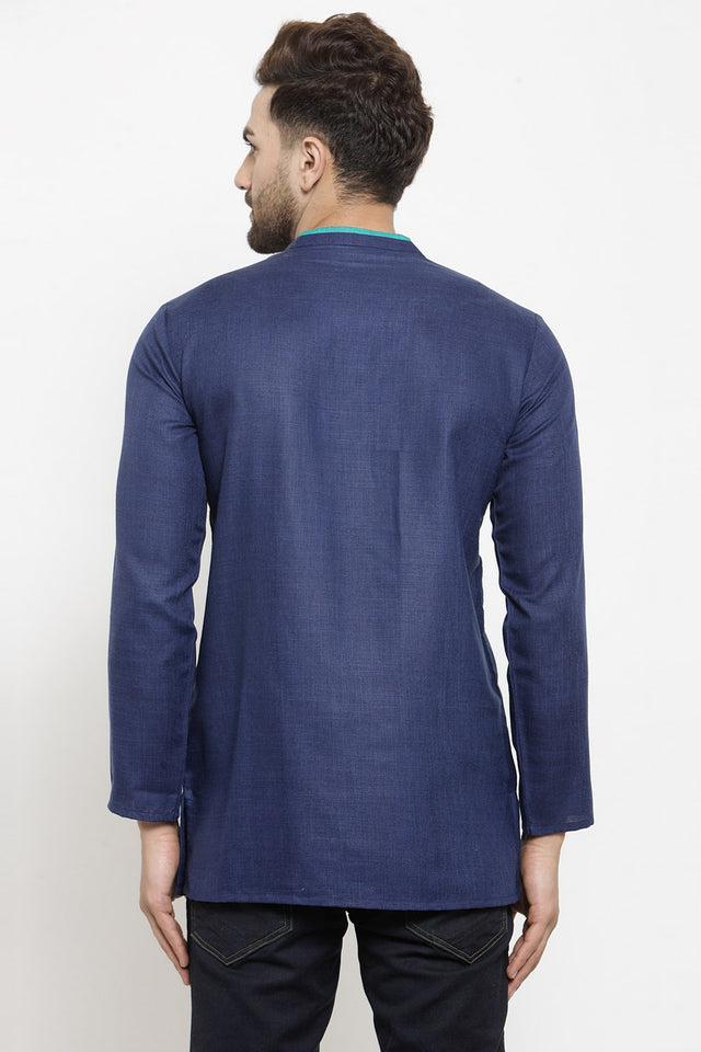 Men's Blended Cotton Short Kurta Top In Blue