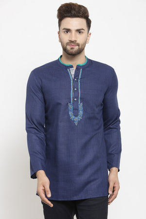 Men's Blended Cotton Short Kurta Top In Blue