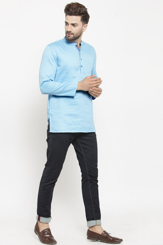 Men's Blended Cotton Short Kurta Top In Sky Blue