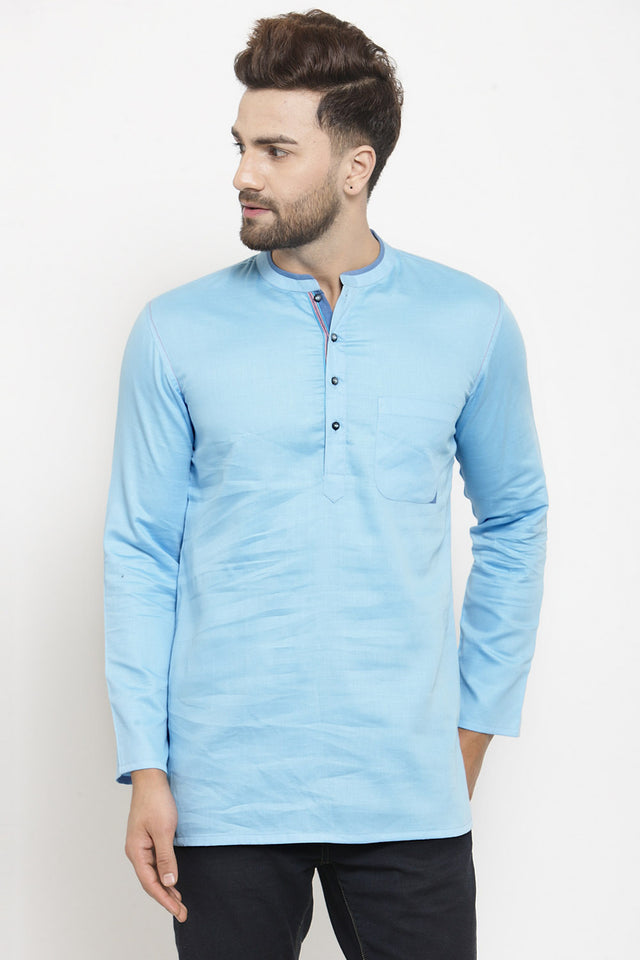 Men's Blended Cotton Short Kurta Top In Sky Blue