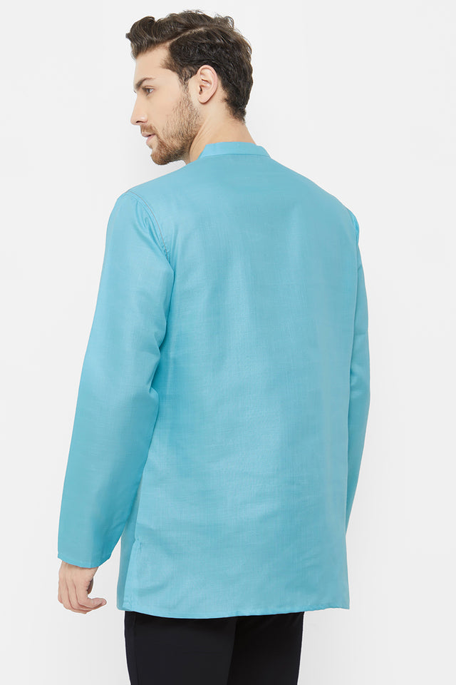 Men's Blended Cotton Short Kurta In Sky Blue (540381)