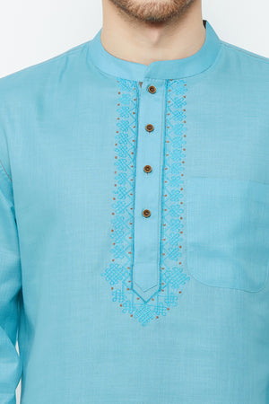 Men's Blended Cotton Short Kurta In Sky Blue (540381)