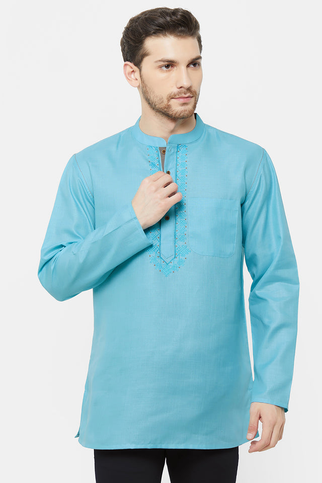 Men's Blended Cotton Short Kurta In Sky Blue (540381)