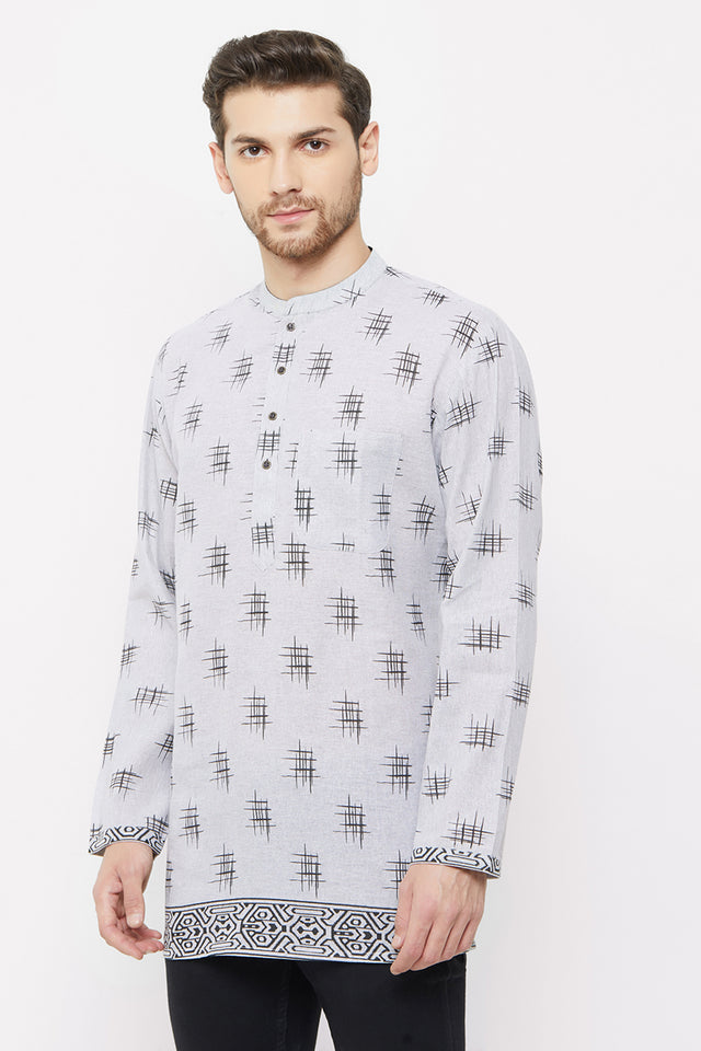 Men's Blended Cotton Short Kurta Top In Light Grey