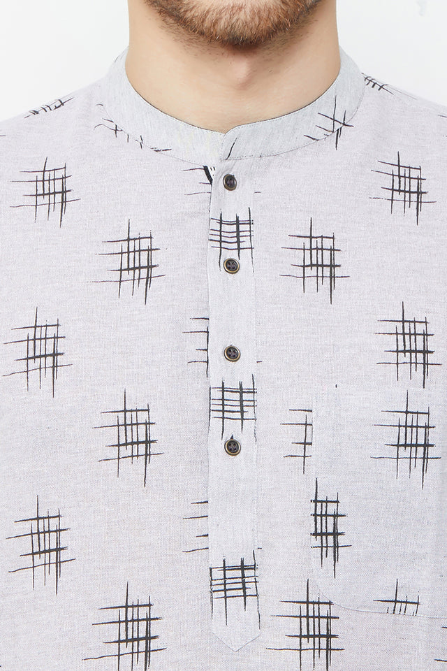 Men's Blended Cotton Short Kurta Top In Light Grey