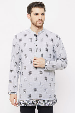 Men's Blended Cotton Short Kurta Top In Light Grey