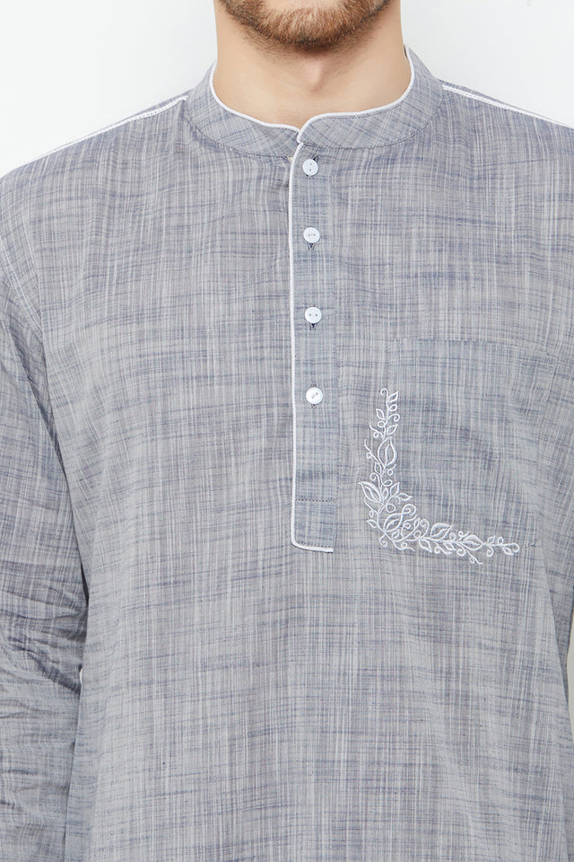 Men's Blended Cotton Short Kurta In Grey