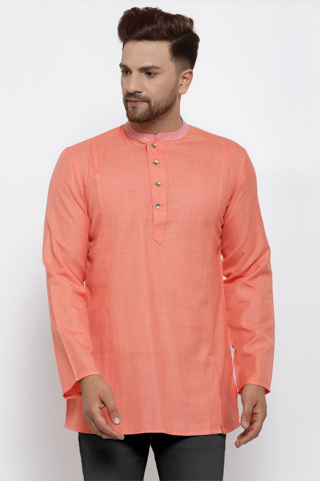 Buy Men's Poly Cotton Solid Short Kurta in Peach