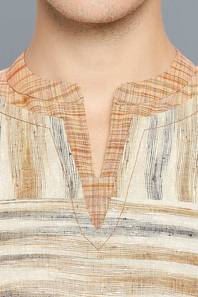 Men's Beige Cotton Handloom Full Sleeves Short Kurta