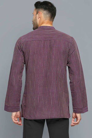 Men's Burgundy Cotton Handloom Full Sleeves Short Kurta