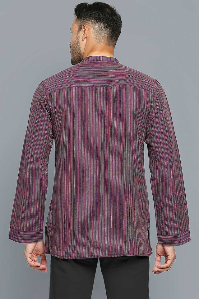 Men's Burgundy Cotton Handloom Full Sleeves Short Kurta