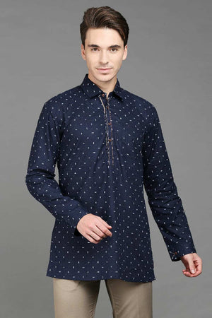 Men's Navy Blue Cotton Solid Full Sleeves Short Kurta