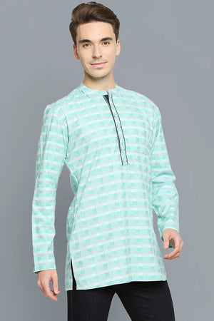 Men's Green And White Cotton Embroidered Full Sleeves Short Kurta