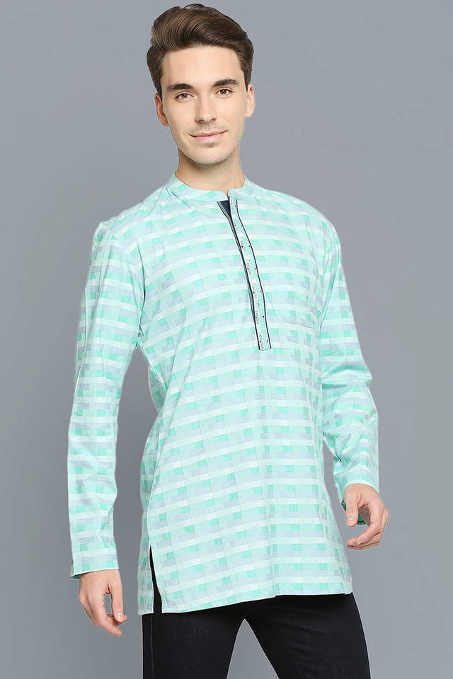 Men's Green And White Cotton Embroidered Full Sleeves Short Kurta