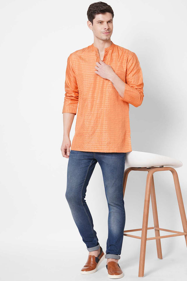 Men's Saffron Weave Embroidery Short Kurta