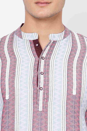 Men's White Cotton Handloom Red Stripes Short Kurta