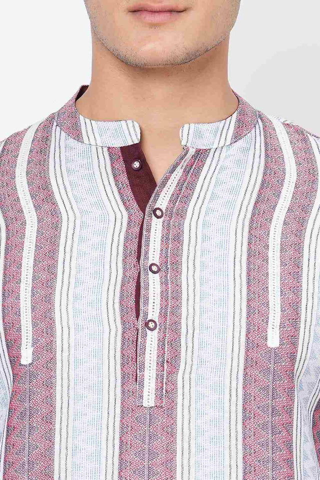 Men's White Cotton Handloom Red Stripes Short Kurta