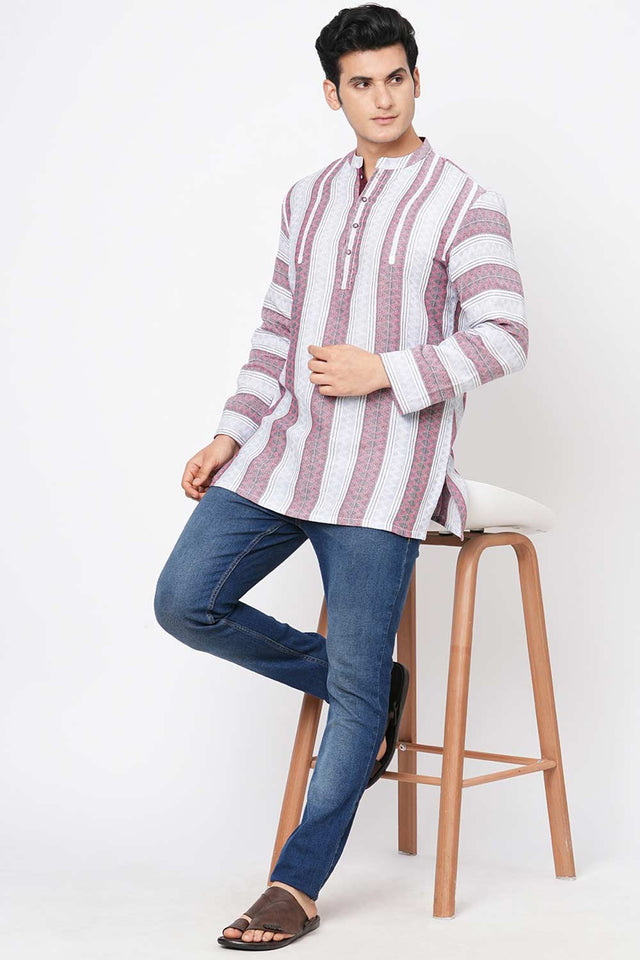 Men's White Cotton Handloom Red Stripes Short Kurta