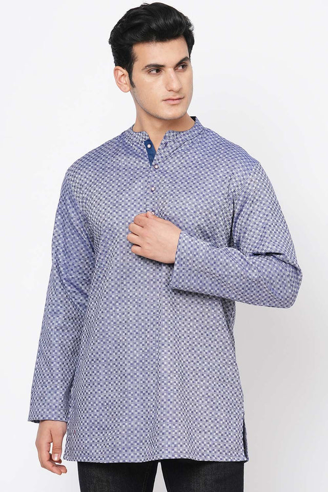Men's Blue And Grey Cotton Checks Short Kurta