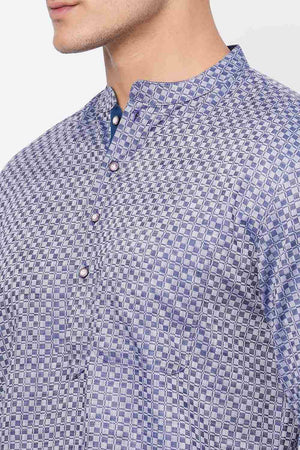 Men's Blue And Grey Cotton Checks Short Kurta
