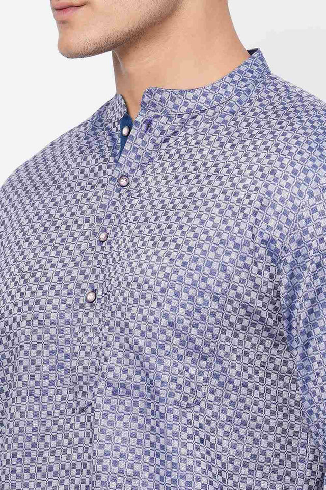 Men's Blue And Grey Cotton Checks Short Kurta